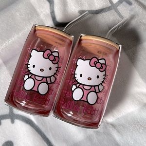 Hello Kitty Sanrio | Two Glass Tumblers With Lids and Straws